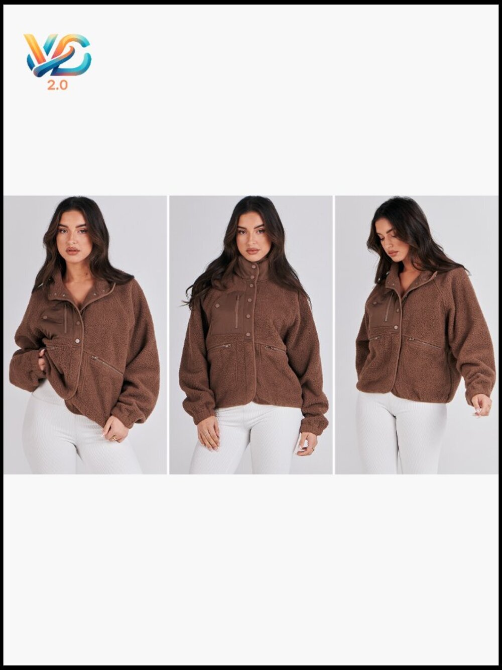 Fuzzy Fleece Cropped Shacket with Pockets, Long Sleeve Button Down Jacket - Picture 7 of 7